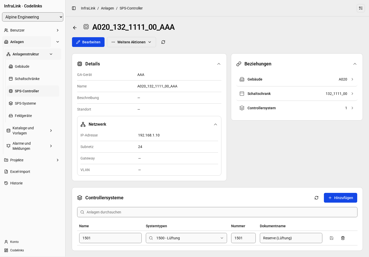 InfraLink-Arbeitsbereich mit Controllern und der Anlagenstruktur.