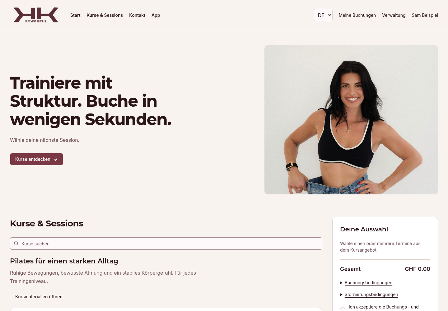 KursLink-Kursübersicht im PowerfulByK-Design mit Trainerfoto und buchbaren Terminen.