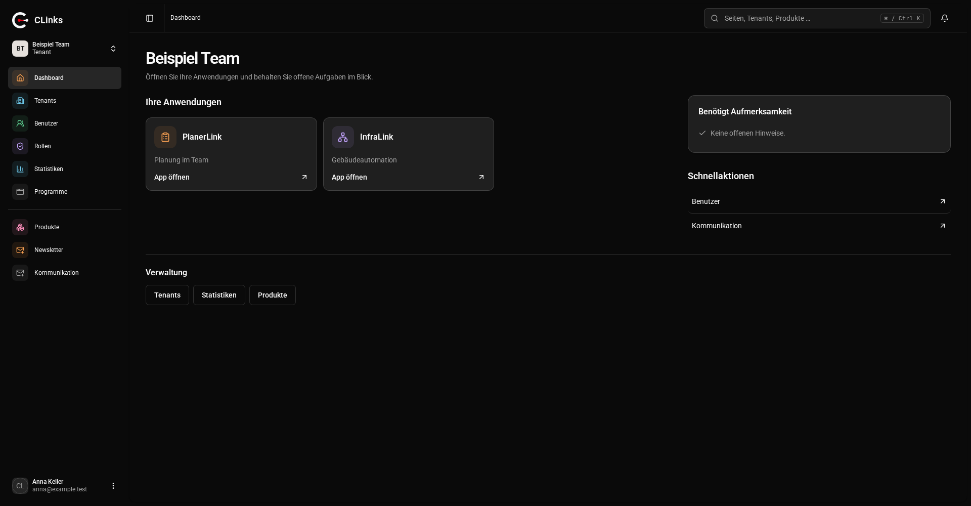 CLinks-Arbeitsbereich mit Produkten, Unternehmen und Kontonavigation.